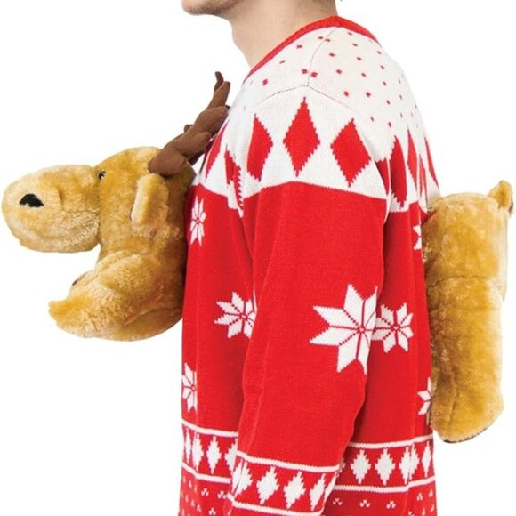 Red 3-D Ugly Christmas Sweater with Stuffed Moose - Picture 3 of 3